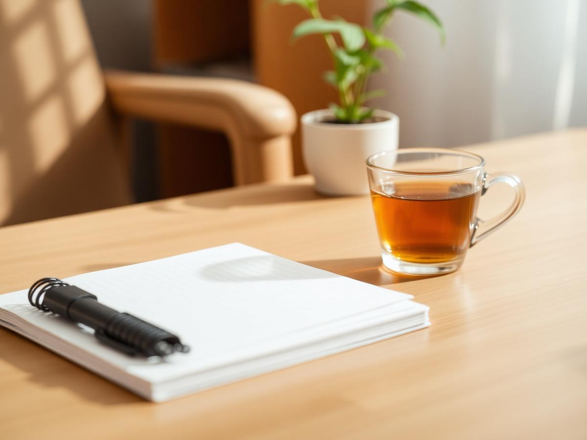 Skrivebord med notesbog og te i konsultationen